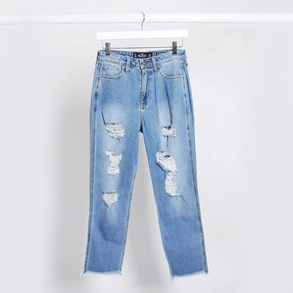 Hollister High Rise Light Wash Ripped Mom Jeans Straight Leg Size 00 - Picture 1 of 5